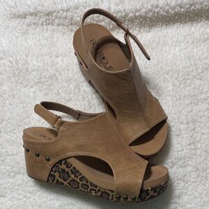Boutique Tan Wedge Sandals with Leopard Accent